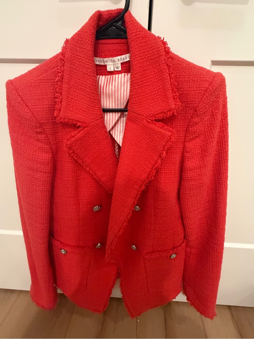 Veronica Beard Coral-Red Frayed Tweed Double-Breasted Blazer